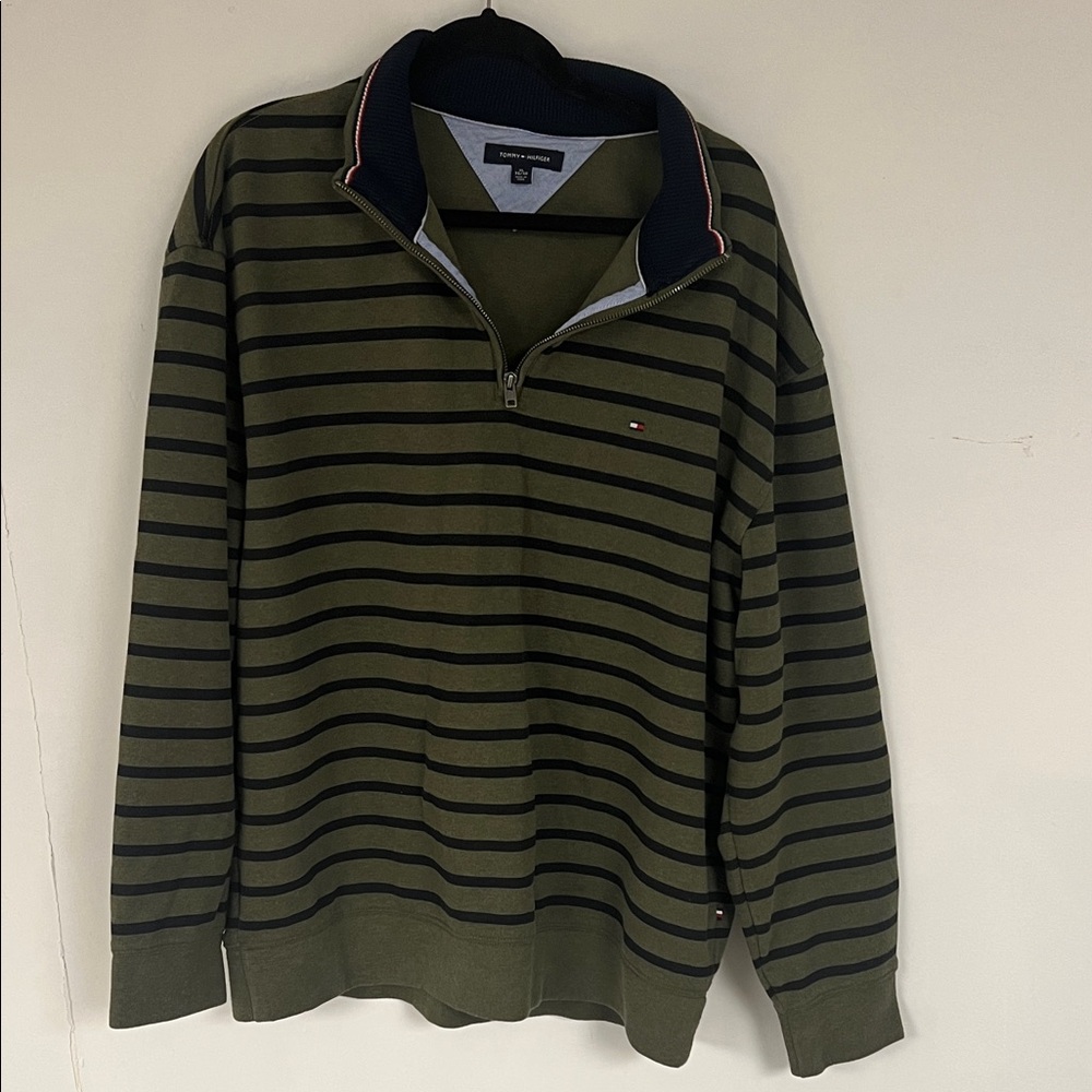 Tommy Hilfiger Men's XL Olive and Black Zip-Up Sweater